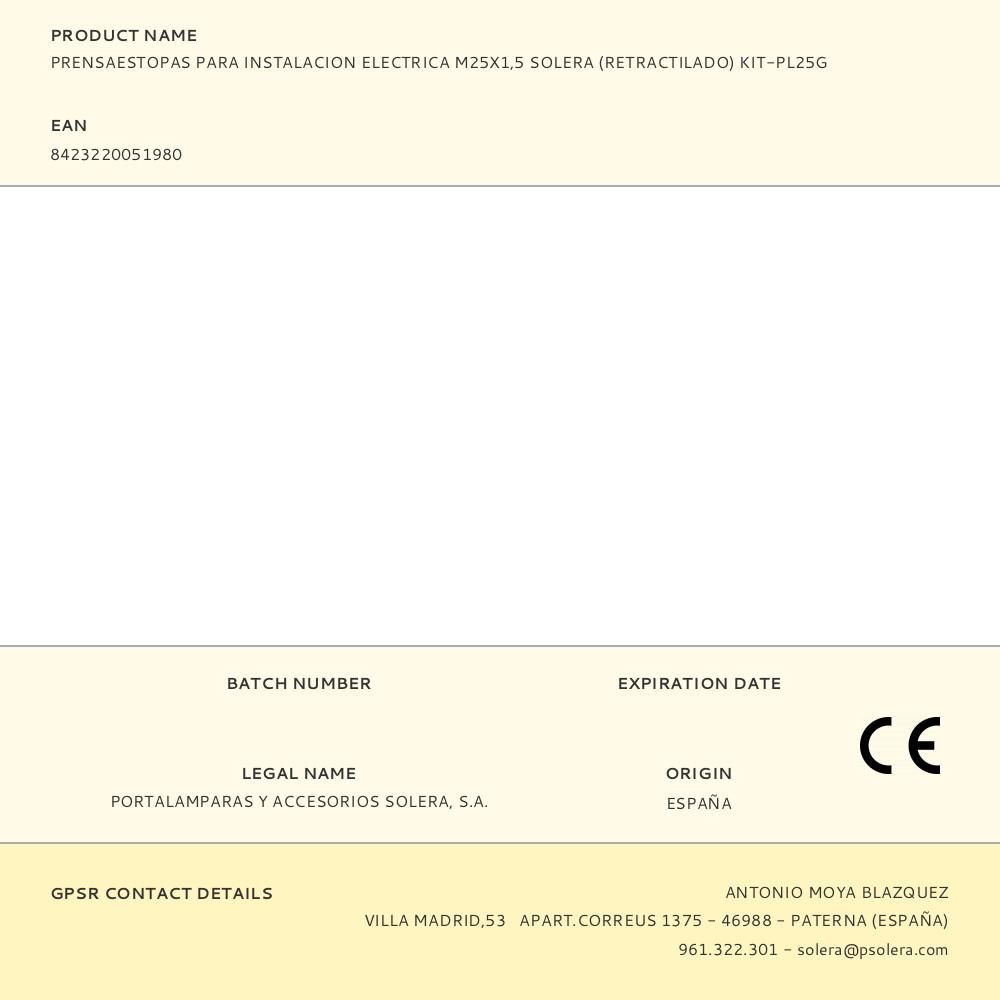 PRENSAESTOPAS PARA INSTALACION ELECTRICA M25X1,5 SOLERA (RETRACTILADO) KIT-PL25G gallery 0