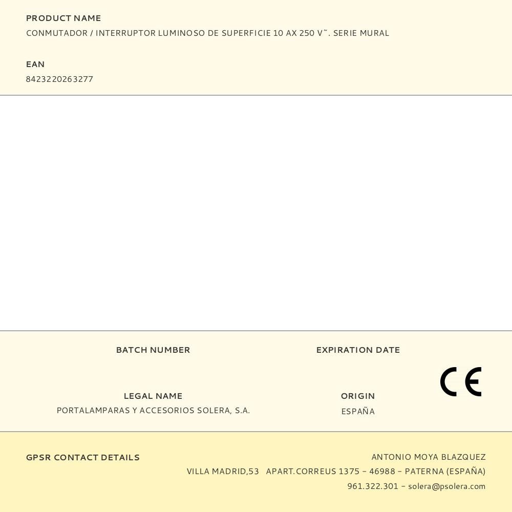 CONMUTADOR / INTERRUPTOR LUMINOSO DE SUPERFICIE 10 AX 250 V~. SERIE MURAL gallery 0