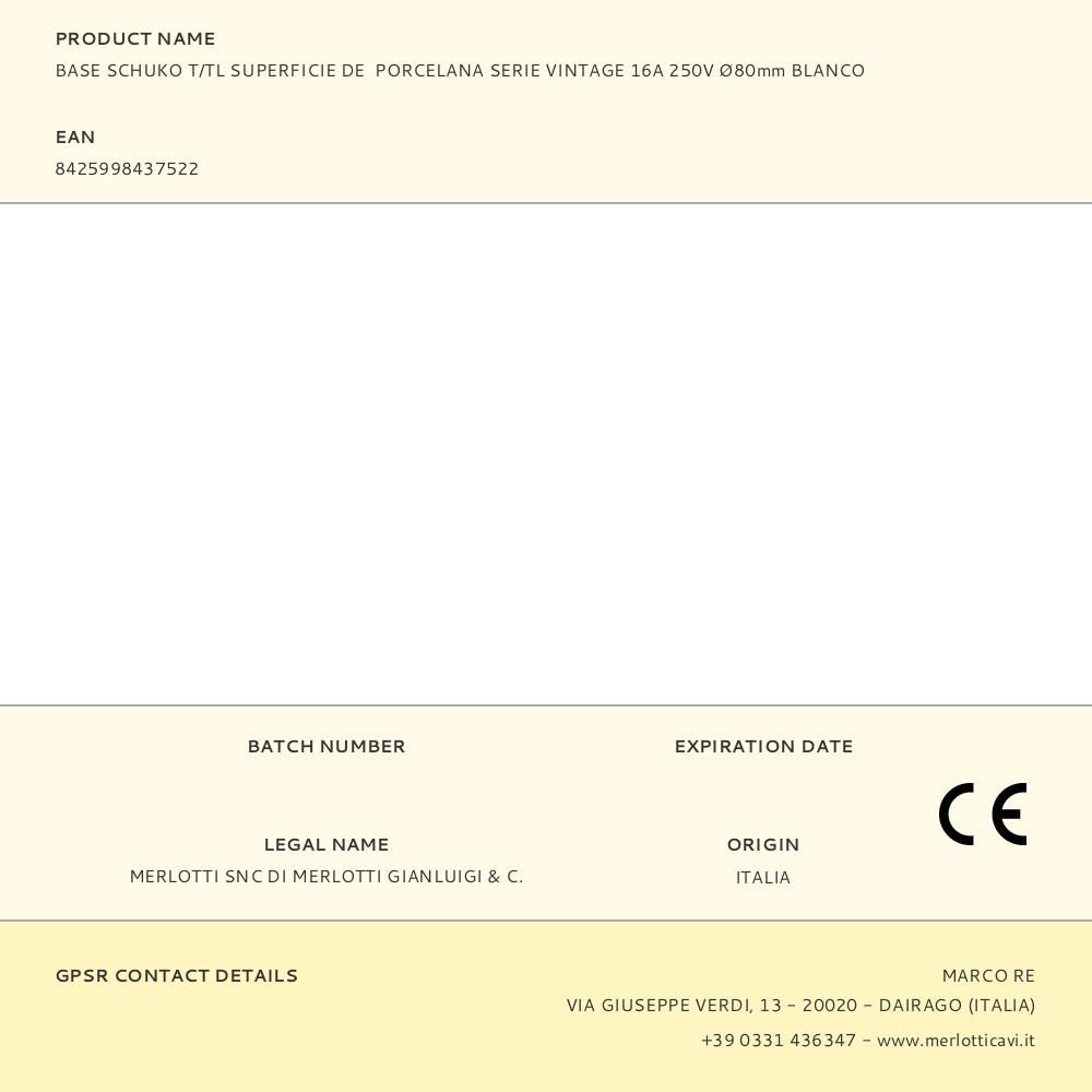 BASE SCHUKO T/TL SUPERFICIE DE PORCELANA SERIE VINTAGE 16A 250V Ø80mm BLANCO gallery 0