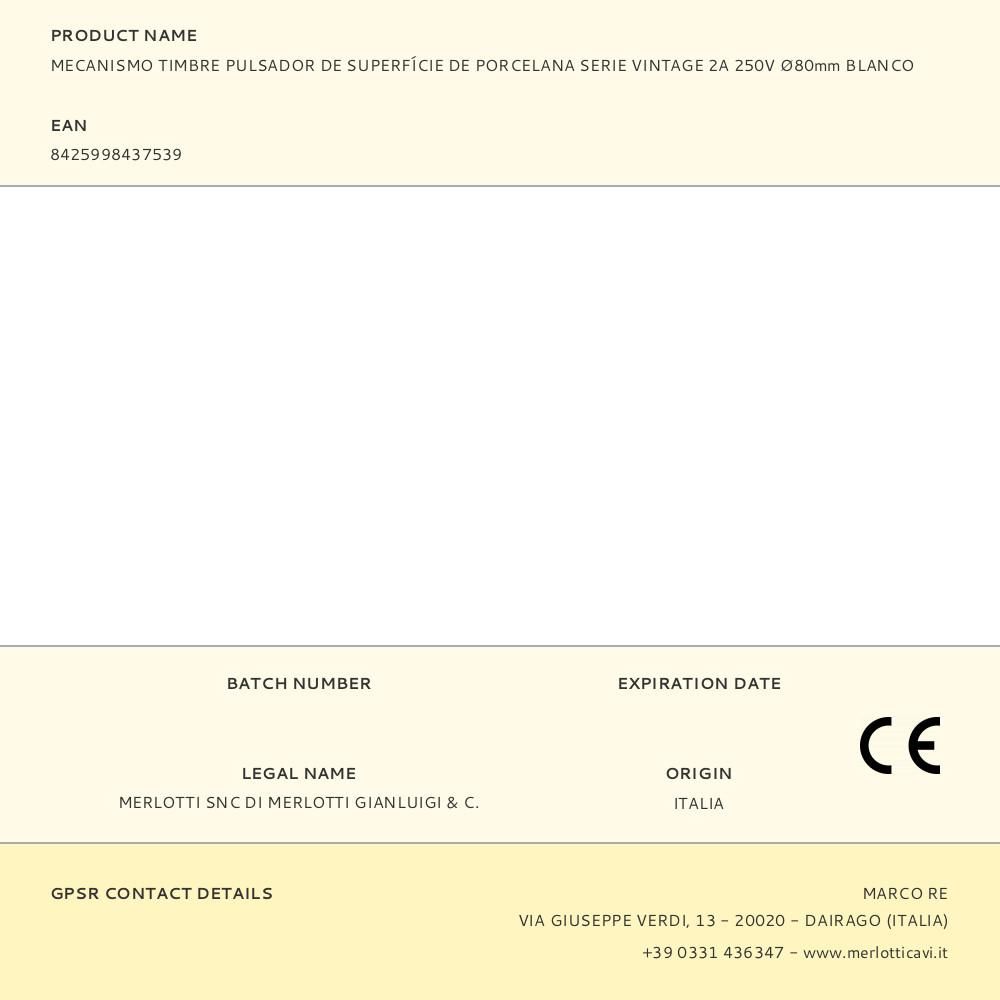 MECANISMO TIMBRE PULSADOR DE SUPERFÍCIE DE PORCELANA SERIE VINTAGE 2A 250V Ø80mm BLANCO gallery 0