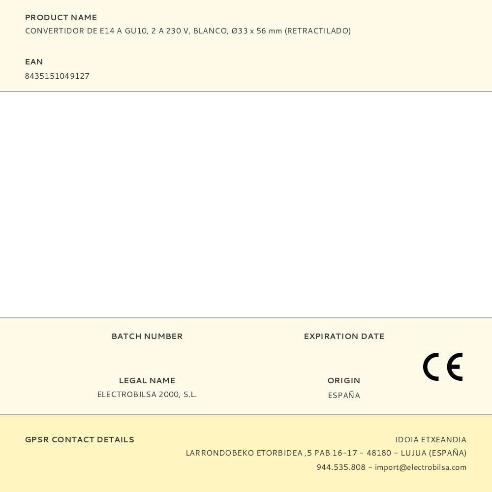 CONVERTIDOR DE E14 A GU10, 2 A 230 V, BLANCO, Ø33 x 56 mm (RETRACTILADO) gallery 1