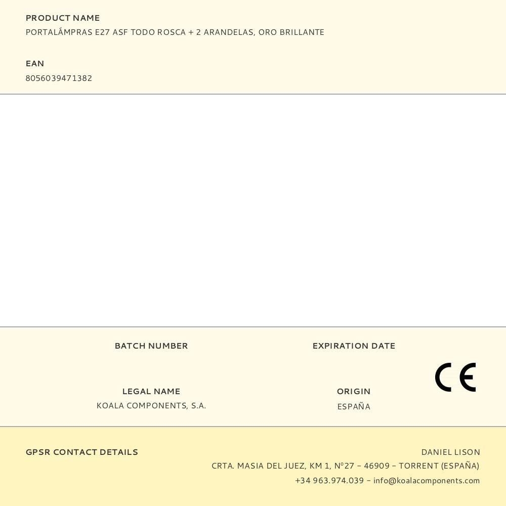 PORTALÁMPRAS E27 ASF TODO ROSCA + 2 ARANDELAS, ORO BRILLANTE gallery 0