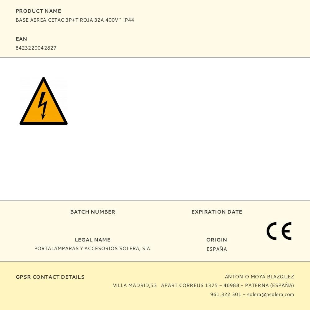 BASE AEREA CETAC 3P+T ROJA 32A 400V~ IP44 gallery 0