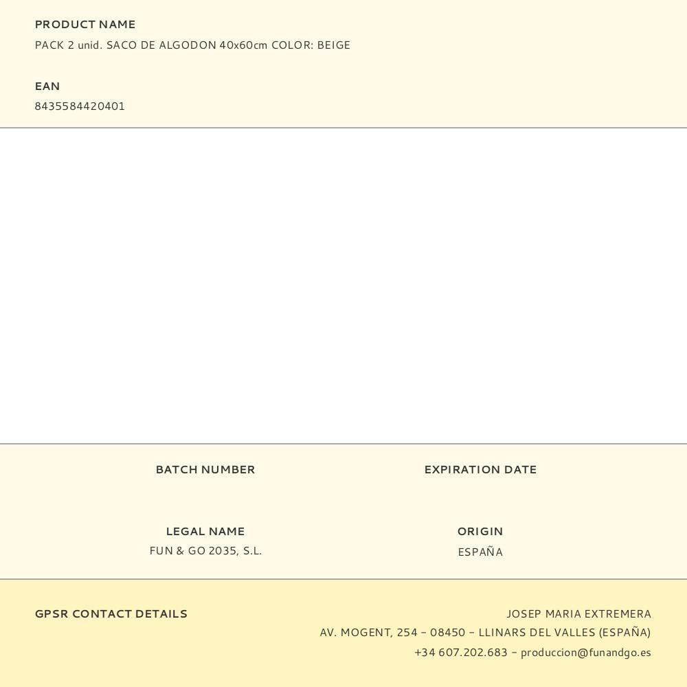 SACO DE ALGODÓN BEIGE 40 x 60 cm, PACK 2 uds gallery 0