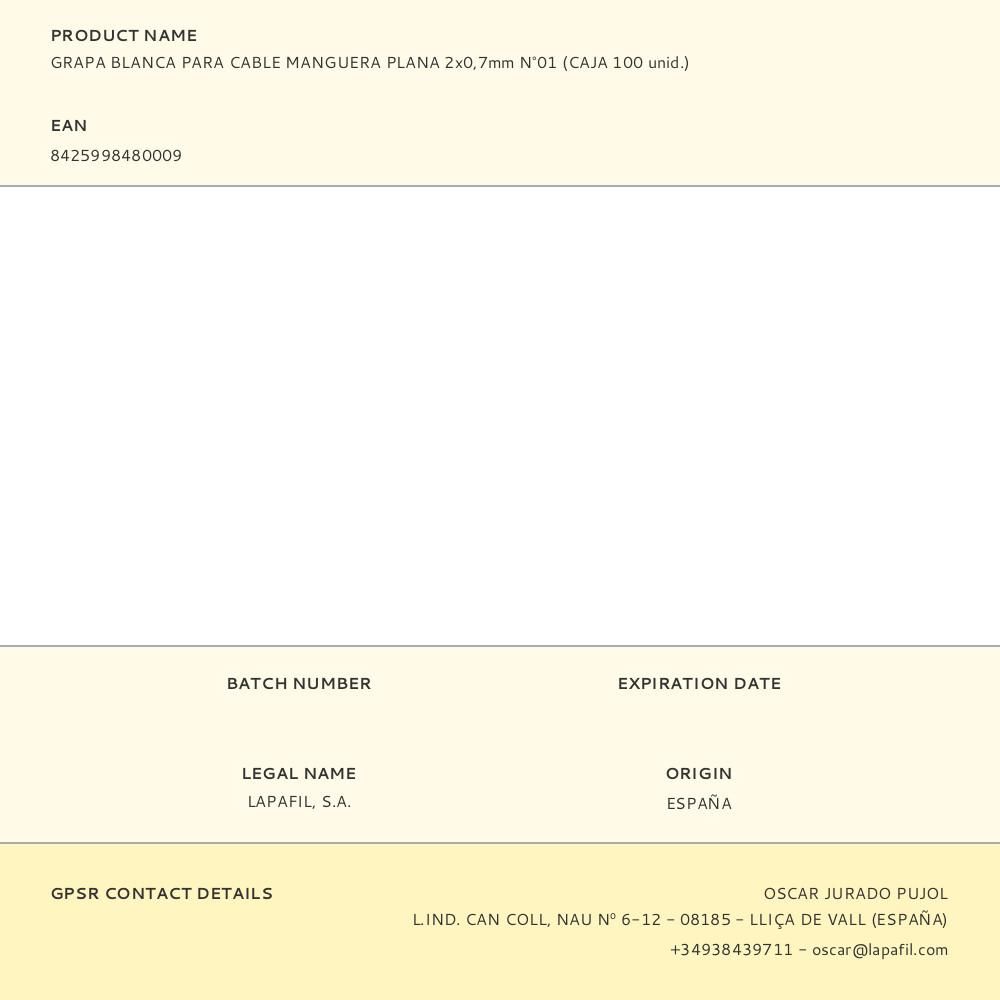 GRAPA PARA CABLE MANGUERA PLANA 2 x 0,7 mm N°01, BLANCA, CAJA 100 uds gallery 0