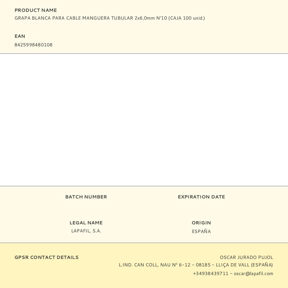 GRAPA PARA CABLE MANGUERA TUBULAR 2 x 6,0 mm N°10, BLANCA, CAJA 100 uds gallery 0