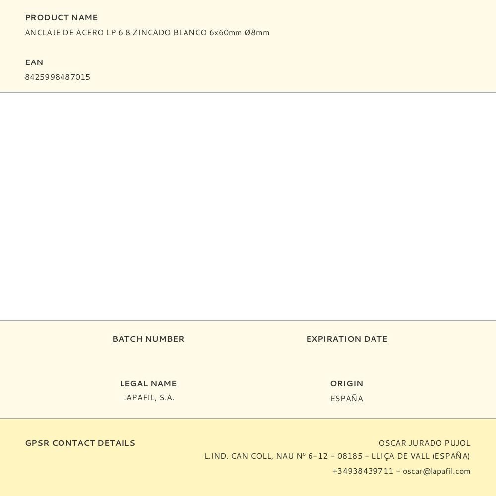 ANCLAJE DE ACERO LP 6.8 ZINCADO BLANCO 6 x 60 mm, Ø8 mm gallery 0