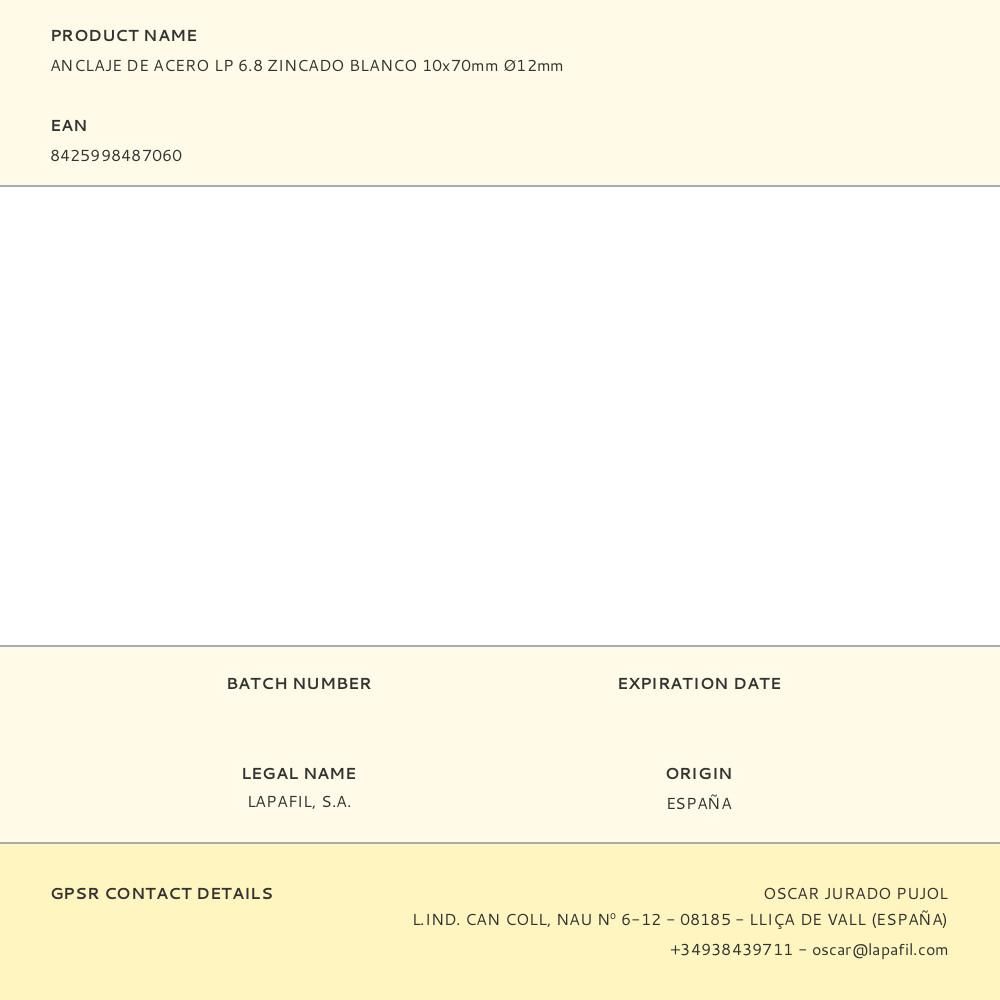 ANCLAJE DE ACERO LP 6.8 ZINCADO BLANCO 10 x 70 mm, Ø12 mm gallery 0