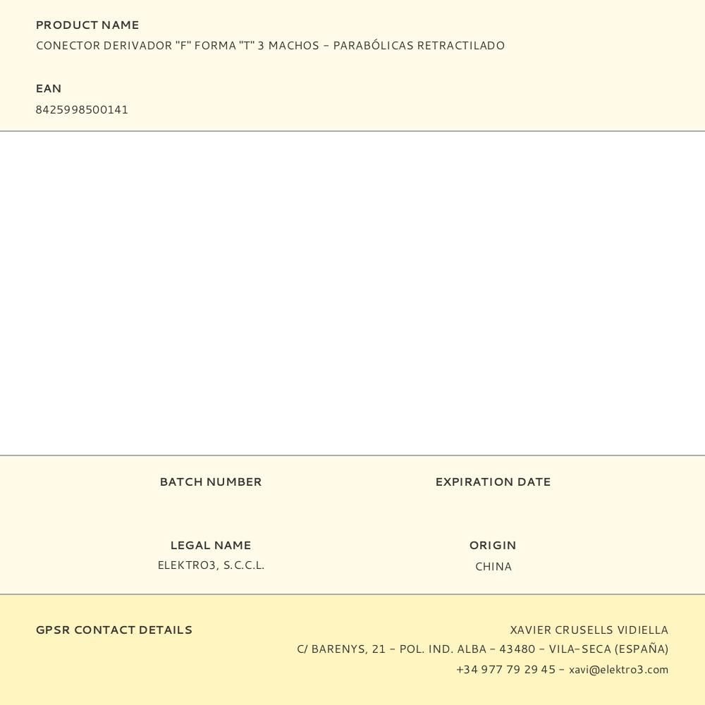 CONECTOR DERIVADOR "F" FORMA "T" 3 MACHOS - PARABÓLICAS RETRACTILADO gallery 0