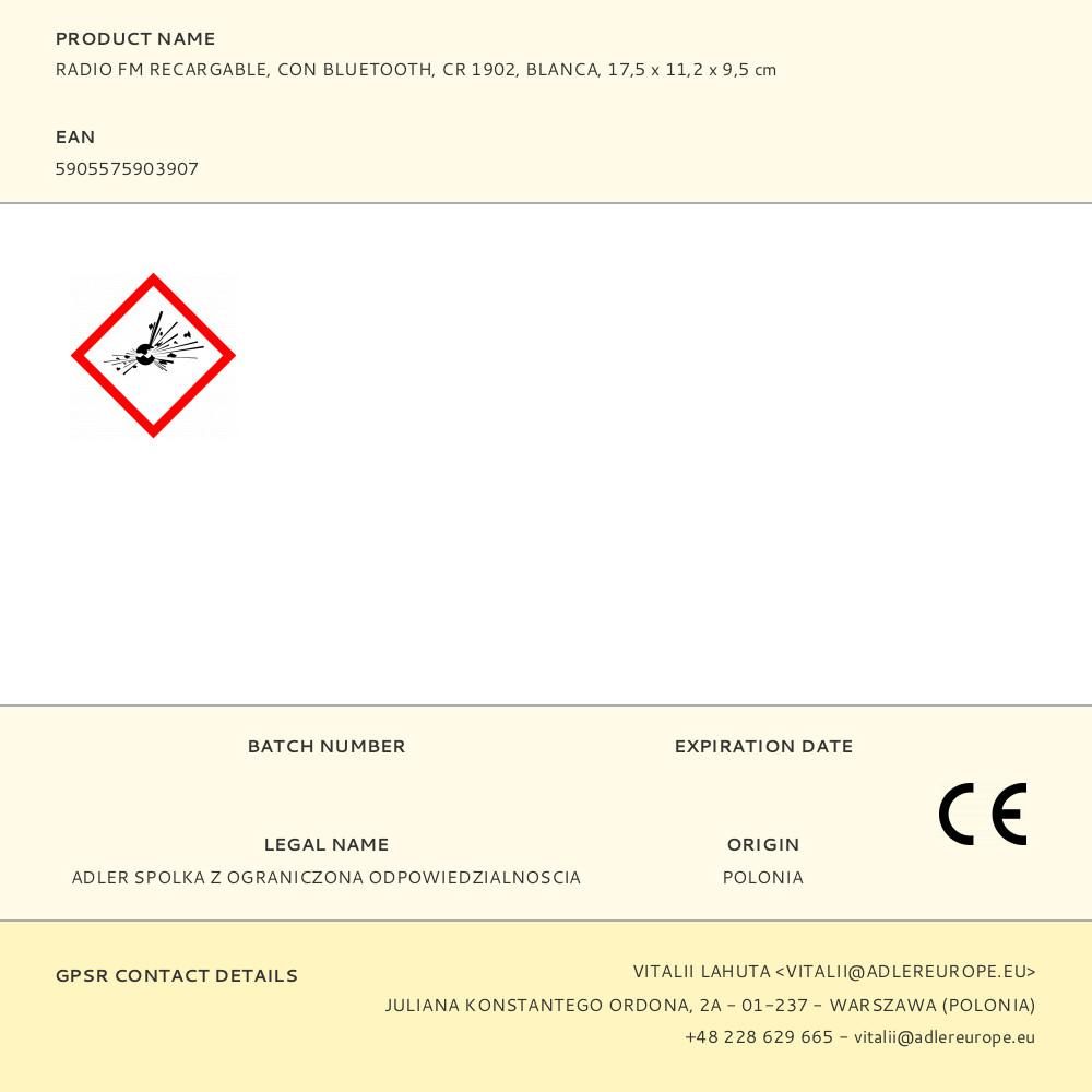 RADIO FM RECARGABLE CON BLUETOOTH CR 1902 BLANCA, 16 x 7 x 10,5 cm gallery 4