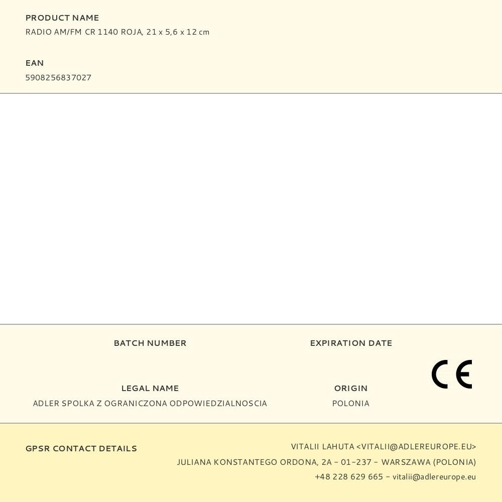 RADIO AM/FM CR 1140 ROJA, 21 x 5,6 x 12 cm gallery 3