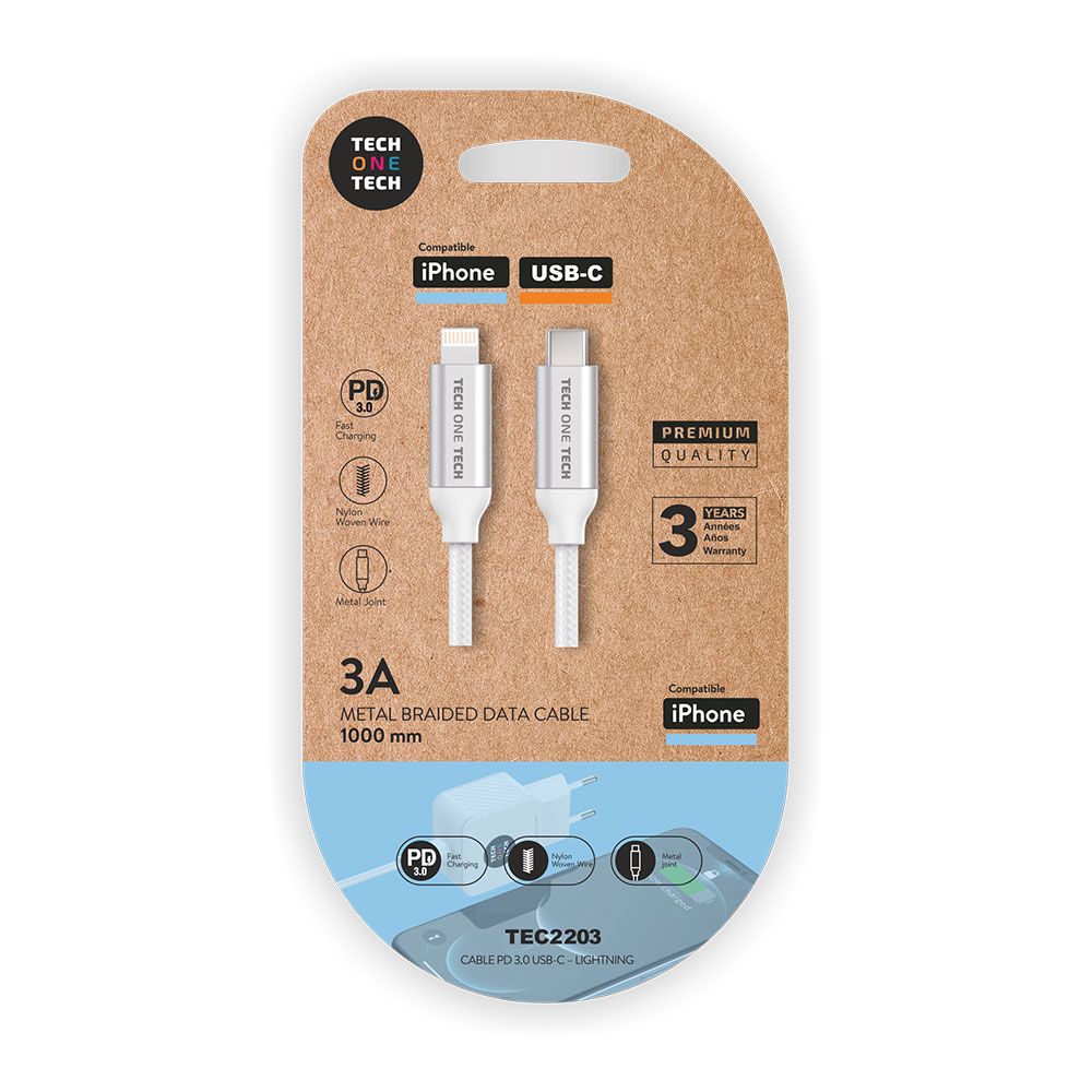 CABLE NYLON USB-C A LIGHTNING 1m BLANCO