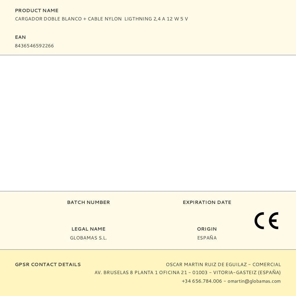 CARGADOR DOBLE BLANCO + CABLE NYLON LIGTHNING 2,4 A 12 W 5 V gallery 0