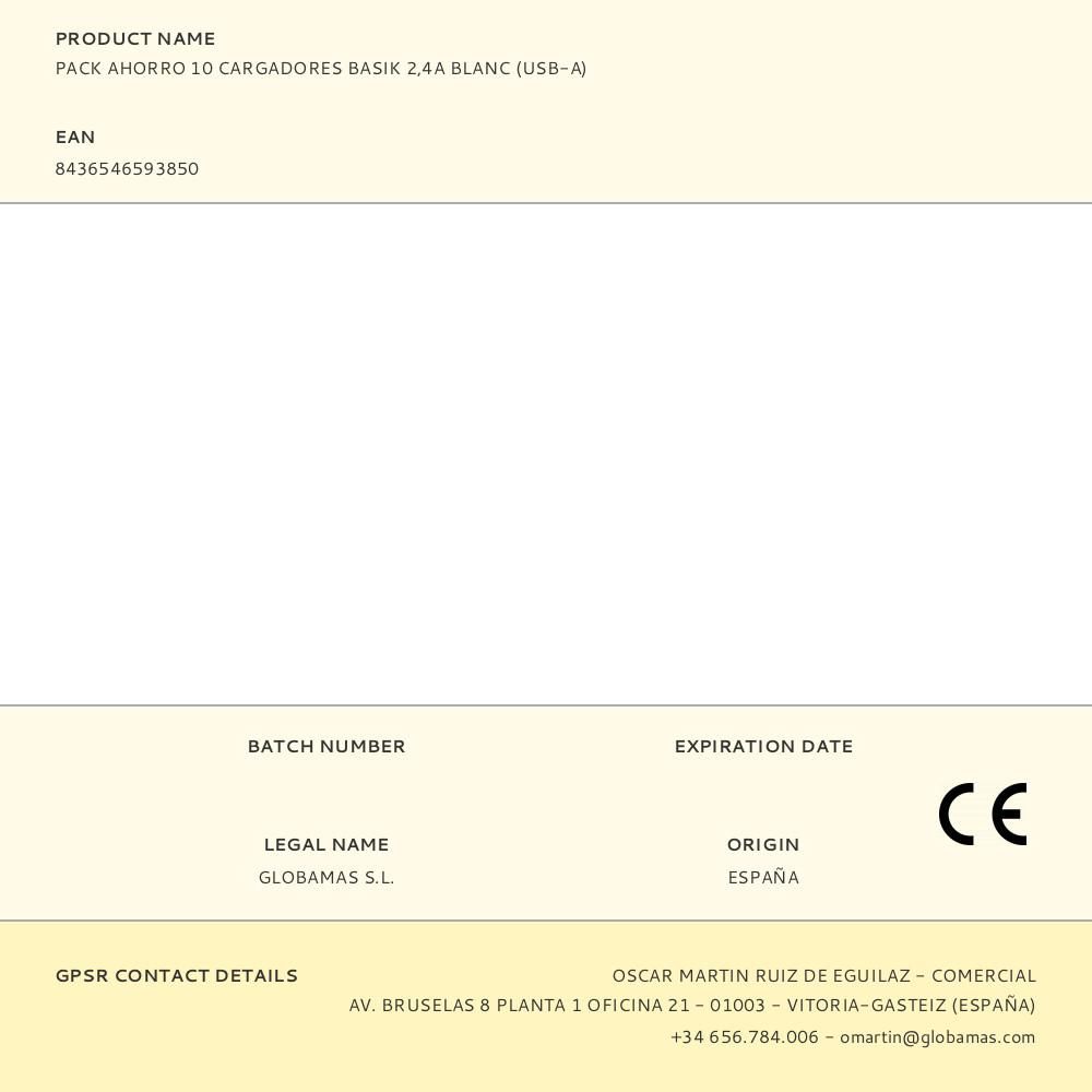 PACK AHORRO 10 CARGADORES BASIK 2,4A BLANC (USB-A) gallery 0