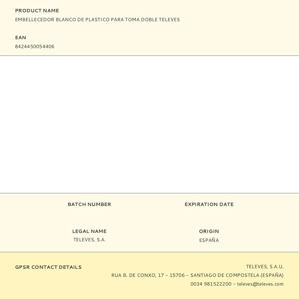 EMBELLECEDOR BLANCO DE PLASTICO PARA TOMA DOBLE TELEVES gallery 0