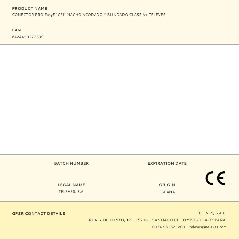 CONECTOR PRO EasyF "CEI" MACHO ACODADO Y BLINDADO CLASE A+ TELEVES gallery 0