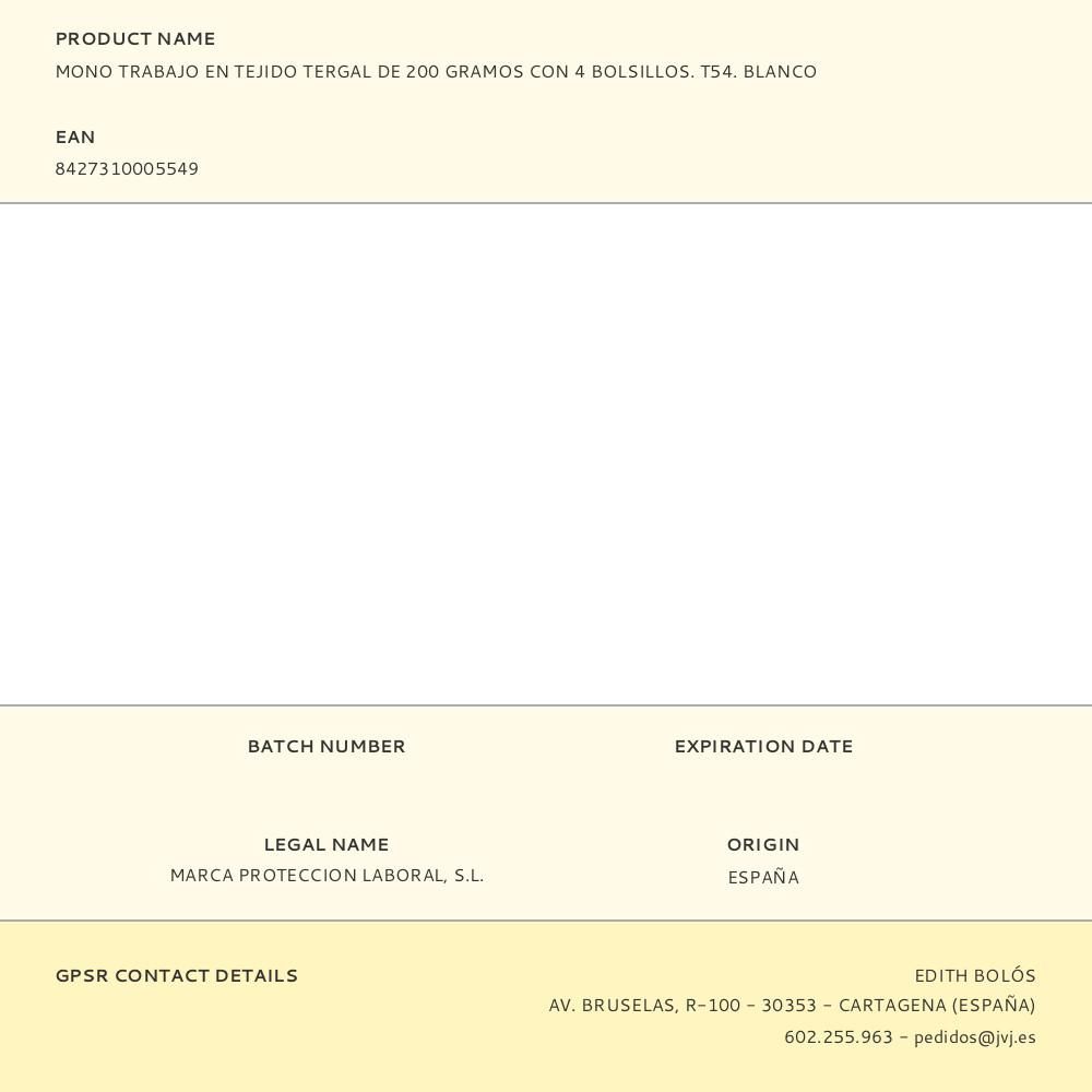 MONO TRABAJO EN TEJIDO TERGAL DE 200 GRAMOS CON 4 BOLSILLOS. T54. BLANCO gallery 2