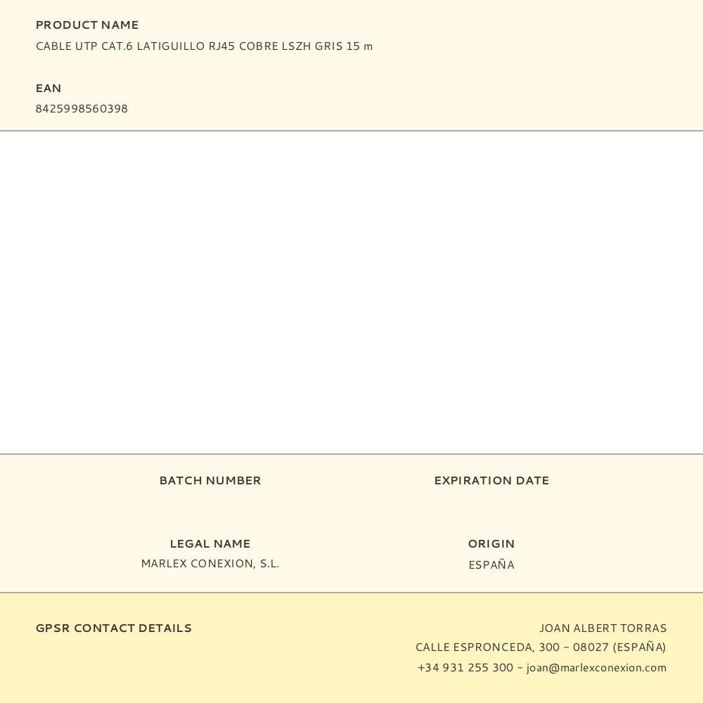 CABLE UTP CAT.6 LATIGUILLO RJ45 COBRE LSZH GRIS 15 m gallery 0