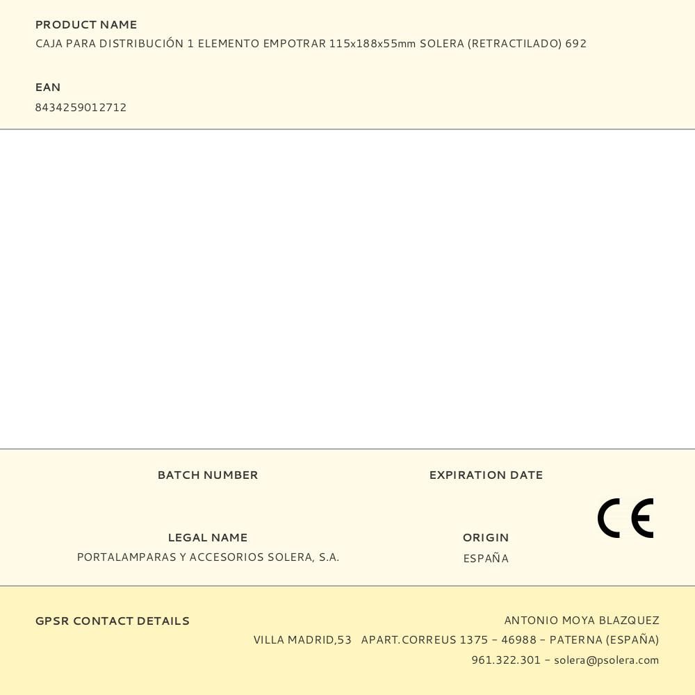 CAJA PARA DISTRIBUCIÓN 1 ELEMENTO EMPOTRAR 115x188x55mm SOLERA (RETRACTILADO) 692 gallery 0