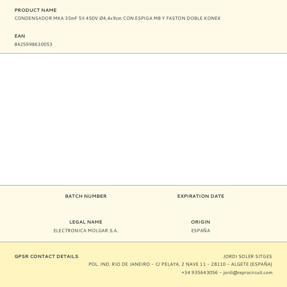 CONDENSADOR MKA 35mF 5% 450V Ø4,4x9cm CON ESPIGA M8 Y FASTON DOBLE KONEK gallery 0