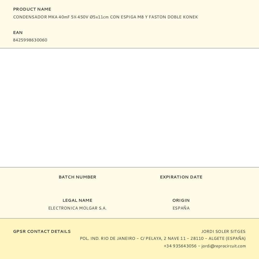 CONDENSADOR MKA 40mF 5% 450V Ø5x11cm CON ESPIGA M8 Y FASTON DOBLE KONEK gallery 0