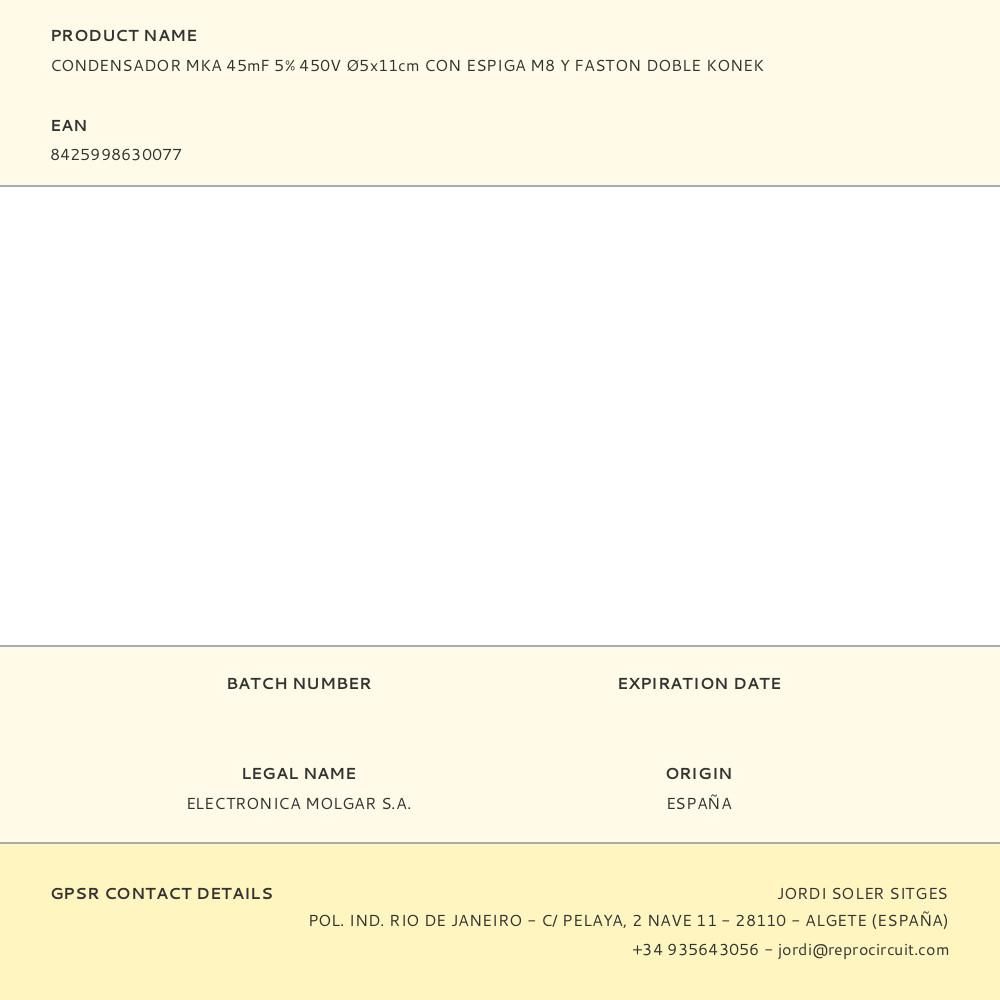 CONDENSADOR MKA 45mF 5% 450V Ø5x11cm CON ESPIGA M8 Y FASTON DOBLE KONEK gallery 0