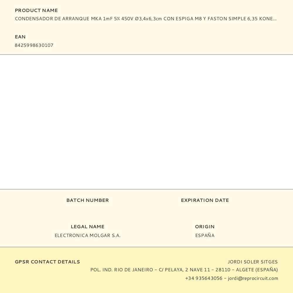 CONDENSADOR DE ARRANQUE MKA 1mF 5% 450V Ø3,4x6,3cm CON ESPIGA M8 Y FASTON SIMPLE 6,35 KONEK gallery 0