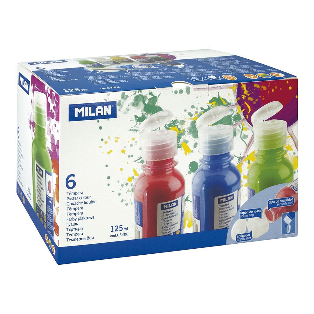 CAJA CON 6 BOTELLAS DE 125 ml DE TÉMPERA COLORES SURTIDOS