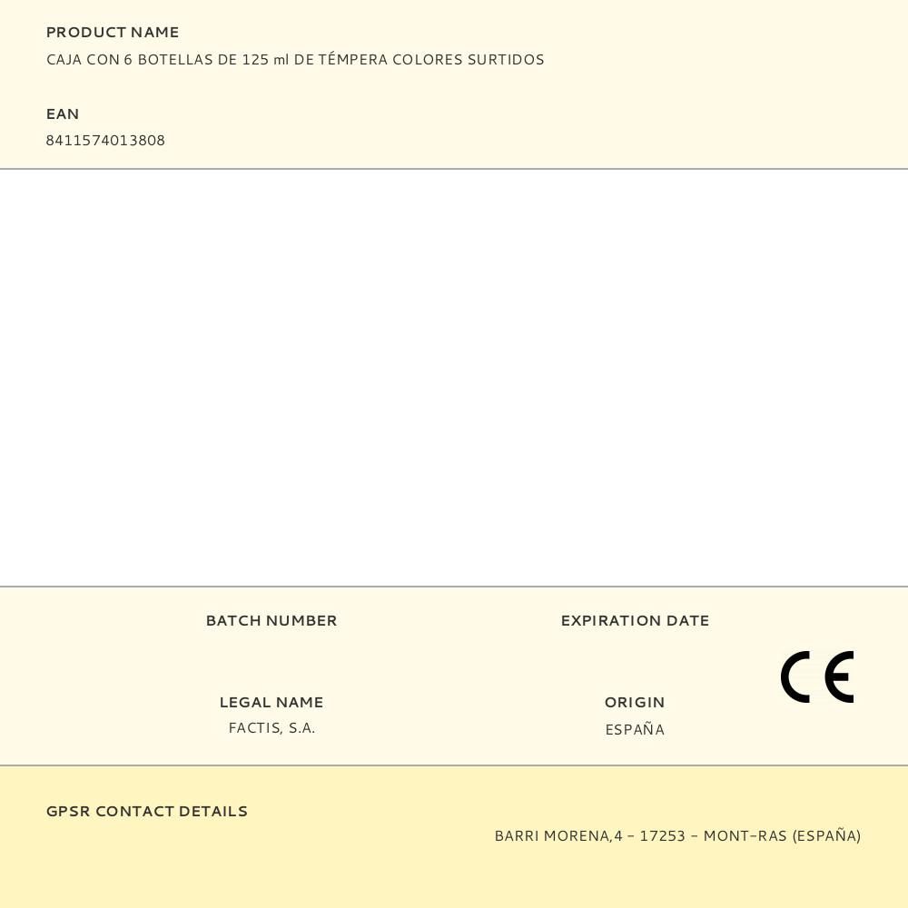 CAJA CON 6 BOTELLAS DE 125 ml DE TÉMPERA COLORES SURTIDOS gallery 1