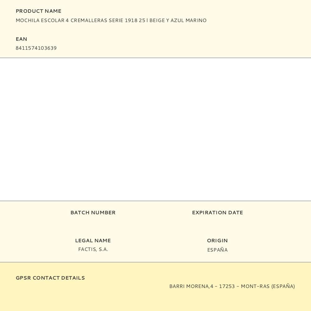 MOCHILA ESCOLAR 4 CREMALLERAS SERIE 1918 25 l BEIGE Y AZUL MARINO gallery 6