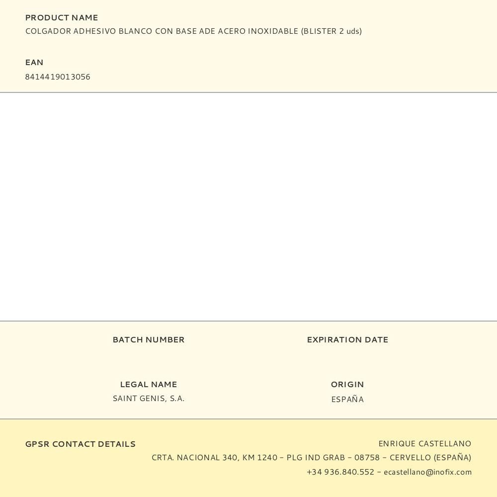 COLGADOR ADHESIVO BLANCO CON BASE ADE ACERO INOXIDABLE (BLISTER 2 uds) gallery 1