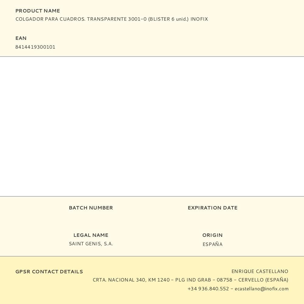 COLGADOR PARA CUADROS. TRANSPARENTE 3001-0 (BLISTER 6 unid.) INOFIX gallery 0