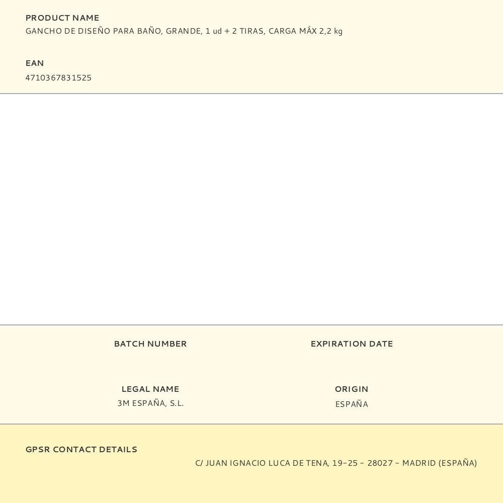COMMAND GANCHO DE DISEÑO PARA BAÑO, GRANDE, 1 ud + 2 TIRAS, CARGA MÁX 2,2 kg gallery 3