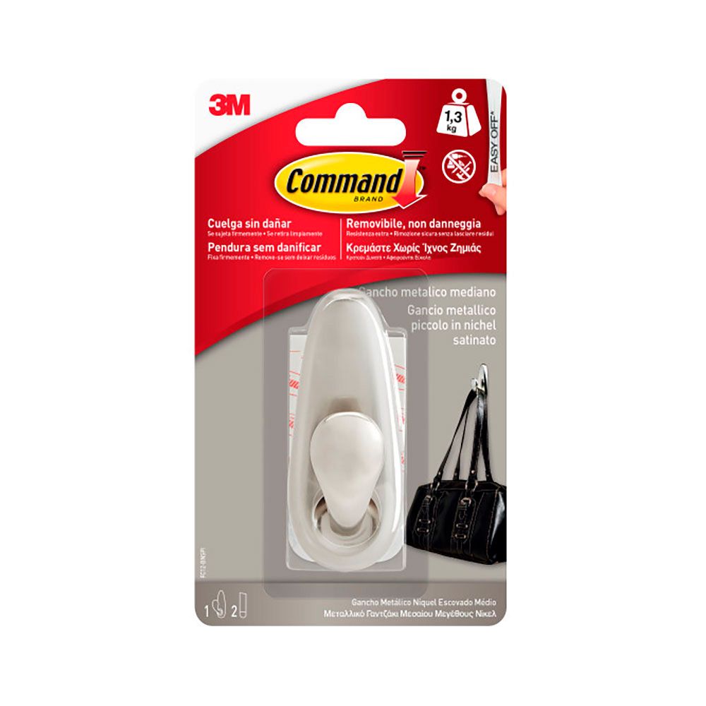 COMMAND GANCHO METÁLICO, MEDIANO, NÍQUEL PULIDO, 1 ud + 2 TIRAS, MÁX 1,3 Kg gallery 0