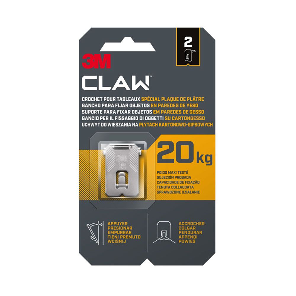 GANCHO PARA PAREDES DE YESO, 20 kg, 28 x 41 x 4 mm, 2 uds