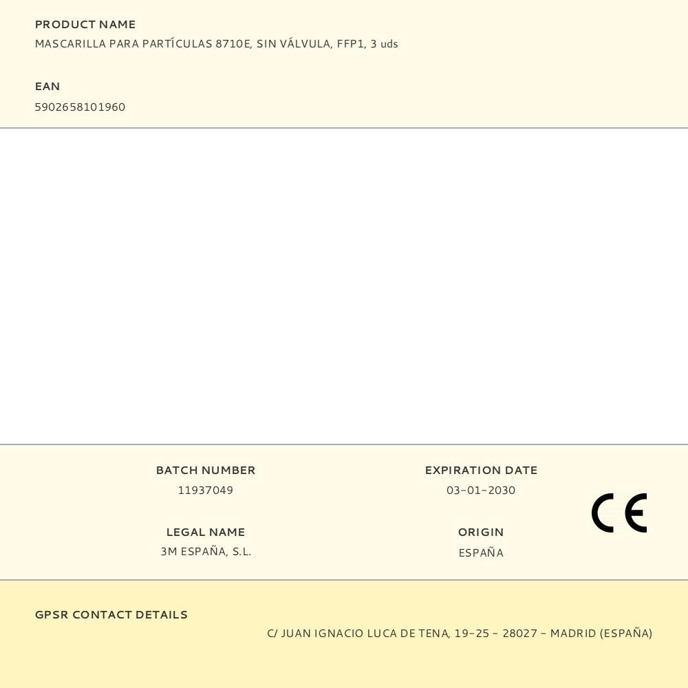 MASCARILLA PARA PARTÍCULAS 8710E, SIN VÁLVULA, FFP1, 3 uds gallery 1