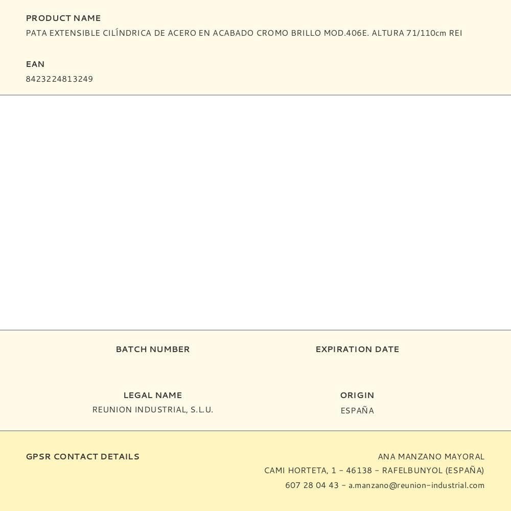 PATA EXTENSIBLE CILÍNDRICA DE ACERO EN ACABADO CROMO BRILLO MOD.406E. ALTURA 71/110cm REI gallery 2