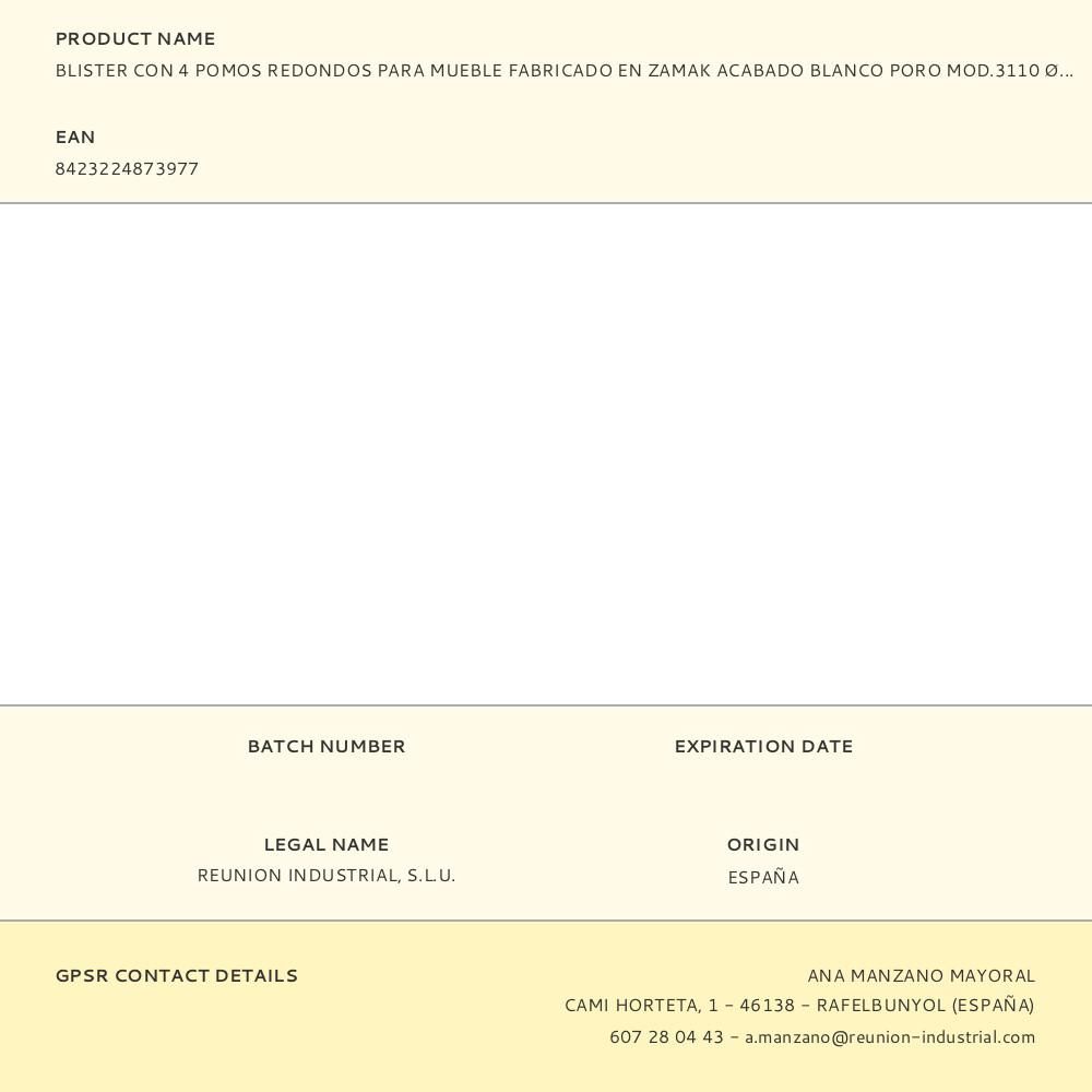 BLISTER CON 4 POMOS REDONDOS PARA MUEBLE FABRICADO EN ZAMAK ACABADO BLANCO PORO MOD.3110 Ø35mm REI gallery 2