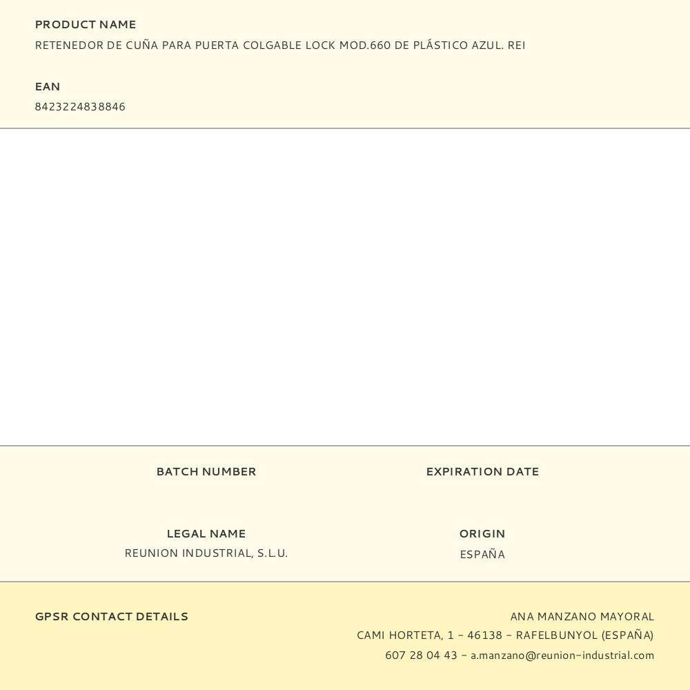 RETENEDOR DE CUÑA PARA PUERTA COLGABLE LOCK MOD.660 DE PLÁSTICO AZUL. REI gallery 2