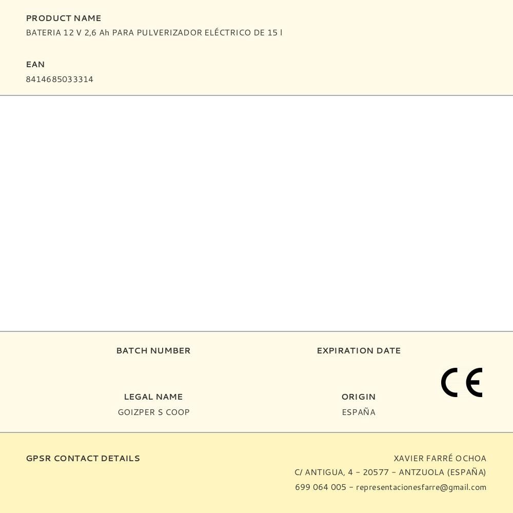 BATERIA 12 V 2,6 Ah PARA PULVERIZADOR ELÉCTRICO DE 15 l gallery 2