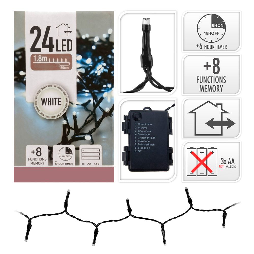 GUIRNALDA A PILAS MULTIFUNCION 24 LEDS CABLE NEGRO LUZ BLANCO FRIO 2,30 m gallery 0
