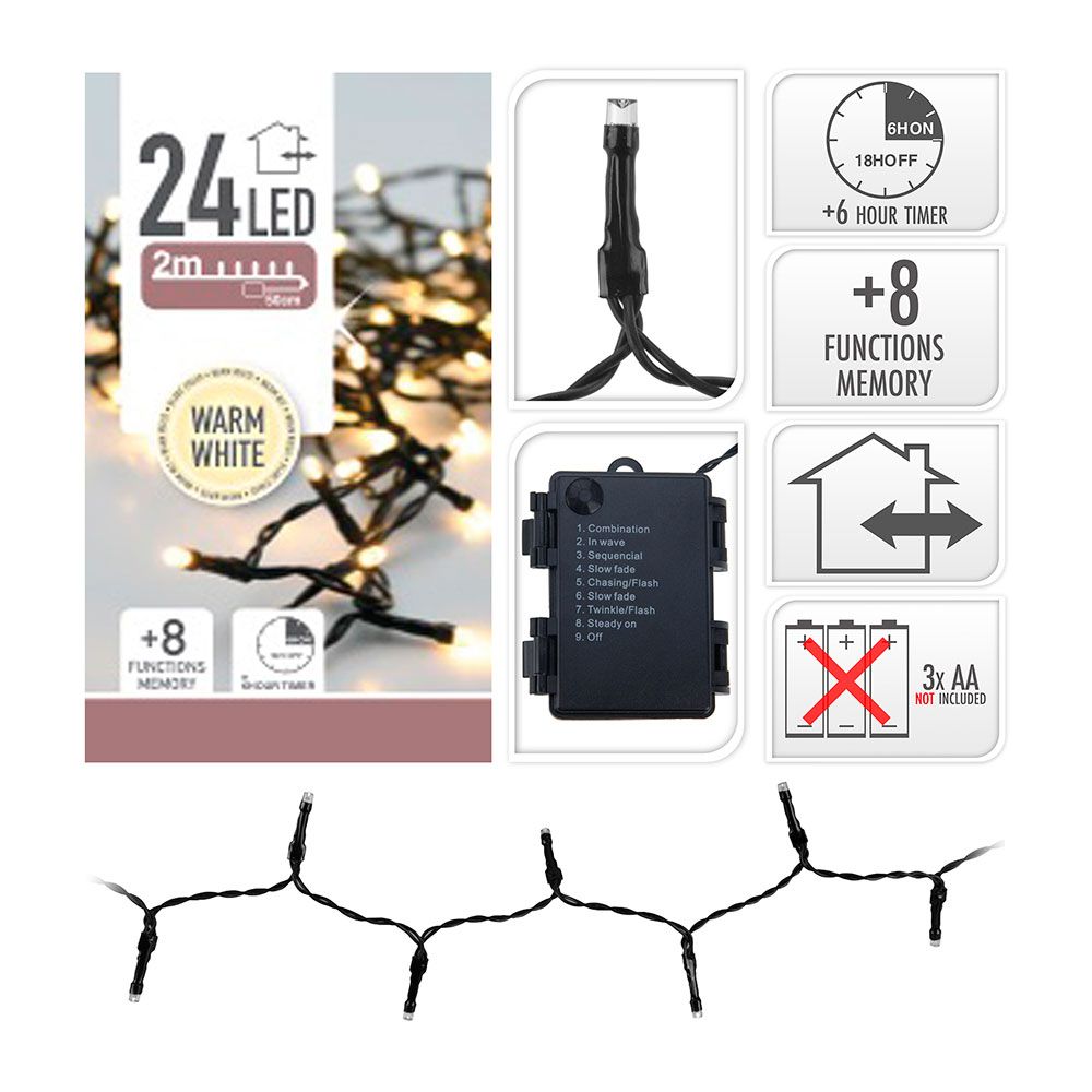 GUIRNALDA A PILAS MULTIFUNCION 24 LEDS CABLE NEGRO LUZ BLANCO CALIDO 2,30 m gallery 0