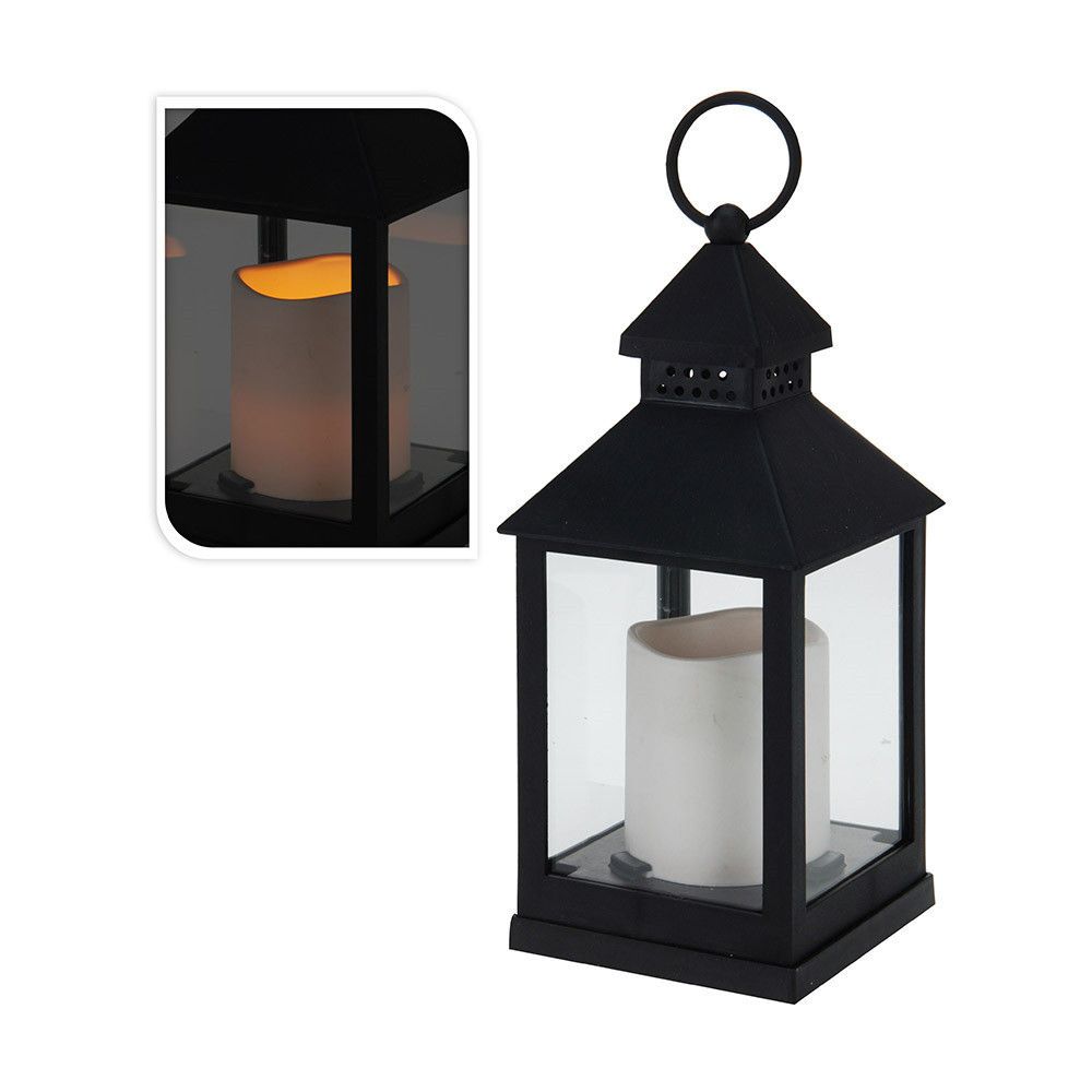 FAROL CON VELA DE LED, FUNCIÓN FIJA, INTERIOR, NEGRO, 10,5 x 10,5 x 23 cm