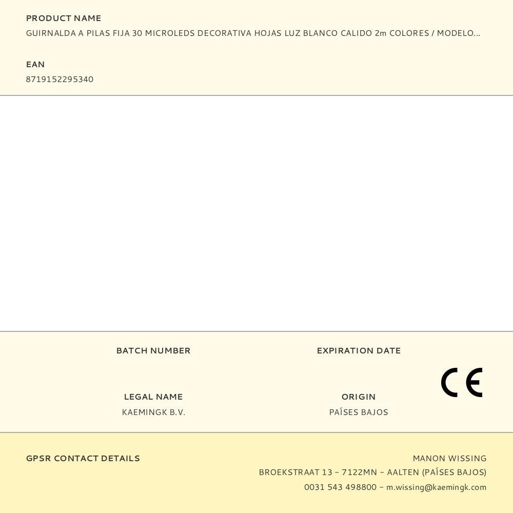 GUIRNALDA A PILAS FIJA 30 MICROLEDS DECORATIVA HOJAS LUZ BLANCO CALIDO 2m COLORES / MODELOS SURTIDOS gallery 0