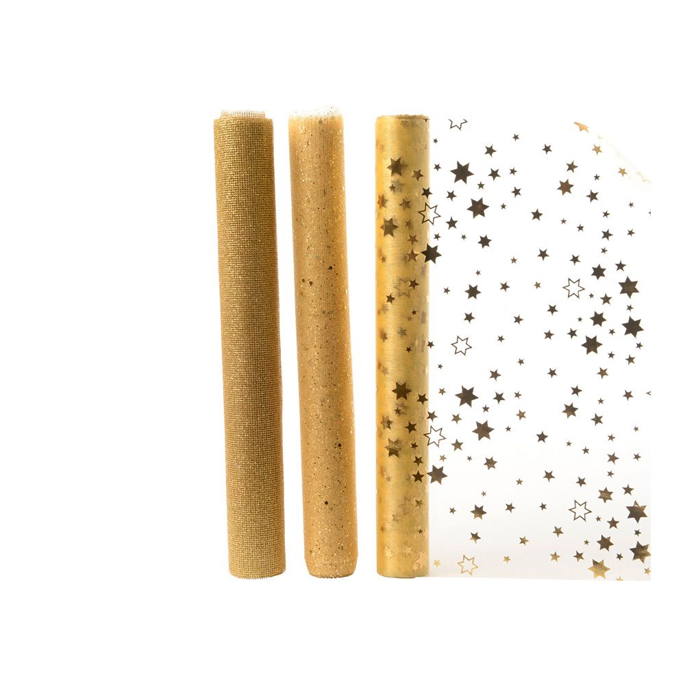 CAMINO DE MESA DE ORGANZA 3 MODELOS SURTIDOS DORADOS 35 x 200 cm