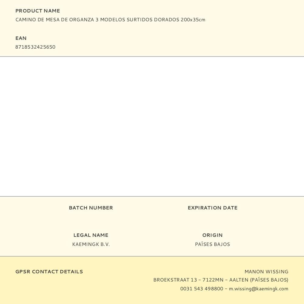 CAMINO DE MESA DE ORGANZA 3 MODELOS SURTIDOS DORADOS 35 x 200 cm gallery 0