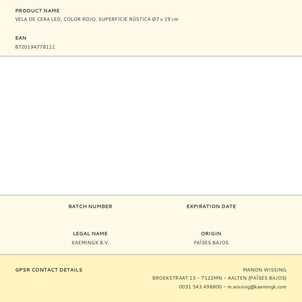 VELA DE CERA LED, COLOR ROJO, SUPERFICIE RÚSTICA Ø7 x 19 cm gallery 0