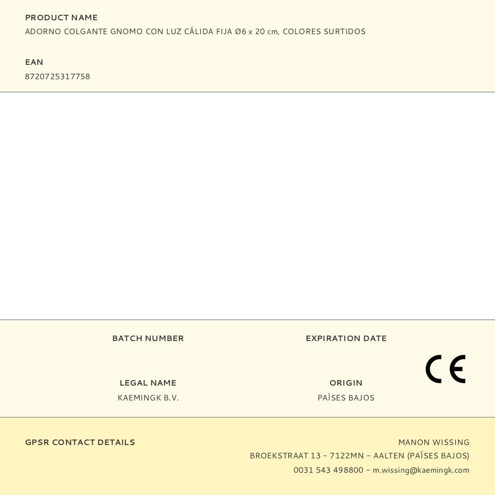 ADORNO COLGANTE GNOMO CON LUZ CÁLIDA FIJA Ø6 x 20 cm, COLORES SURTIDOS gallery 2