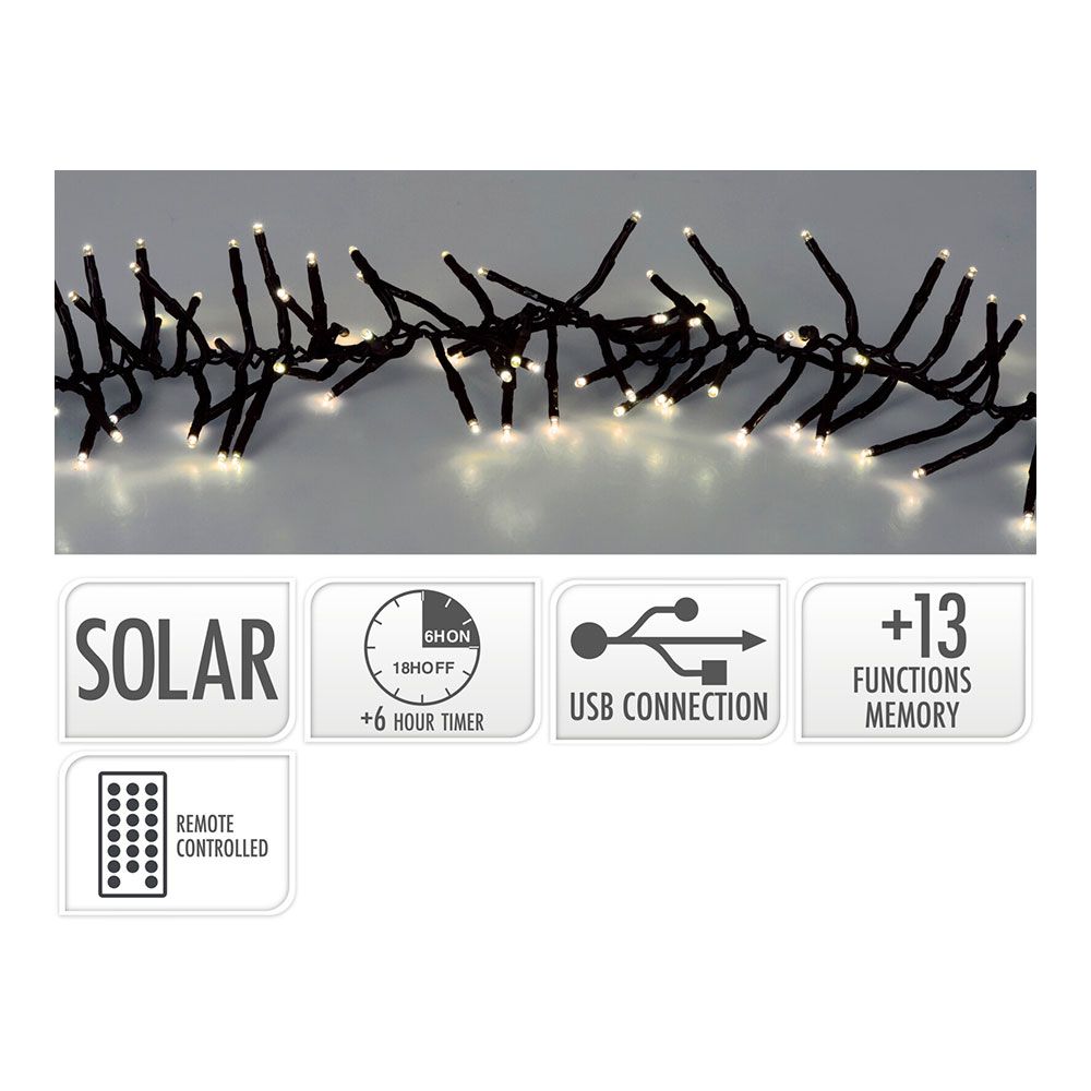 GUIRNALDA SOLAR RECARGABLE, 768 LEDS, MULTIFUNCIÓN, LUZ CÁLIDA, EXTERIOR, 5,6 m