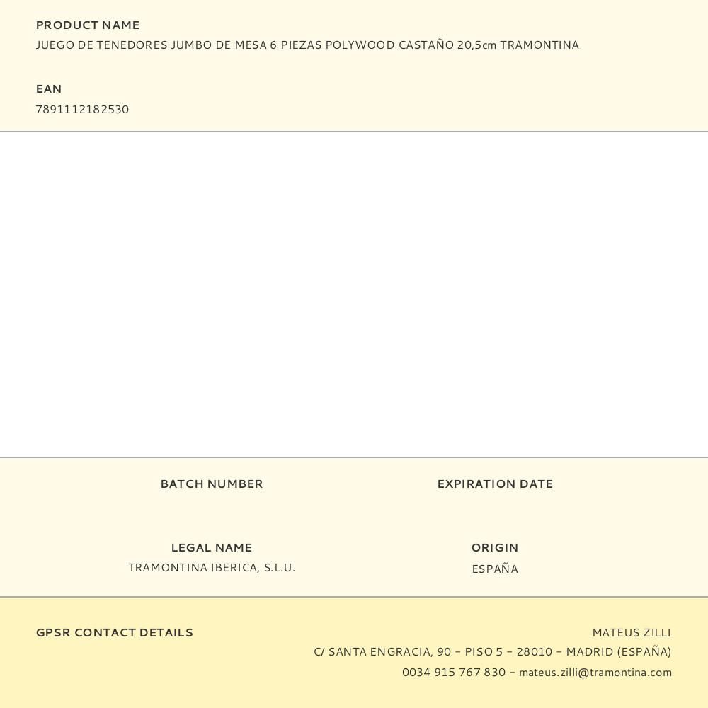 TENEDOR DE MESA JUMBO POLYWOOD CASTAÑO 20,5 cm 6 uds gallery 1